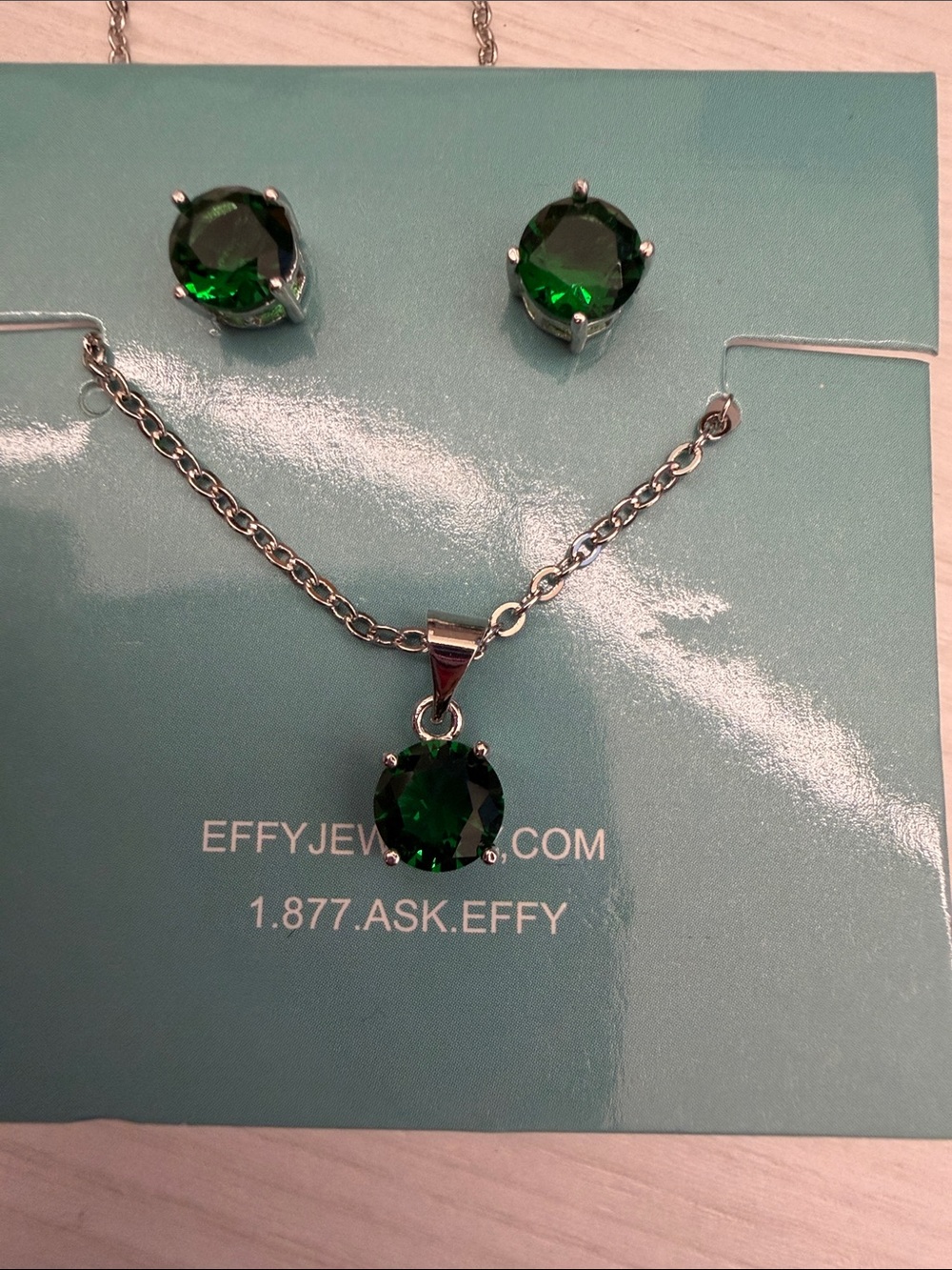 Sterling Silver 925 Effy Emerald Green Crystal Pendant Necklace w Matching Studs
